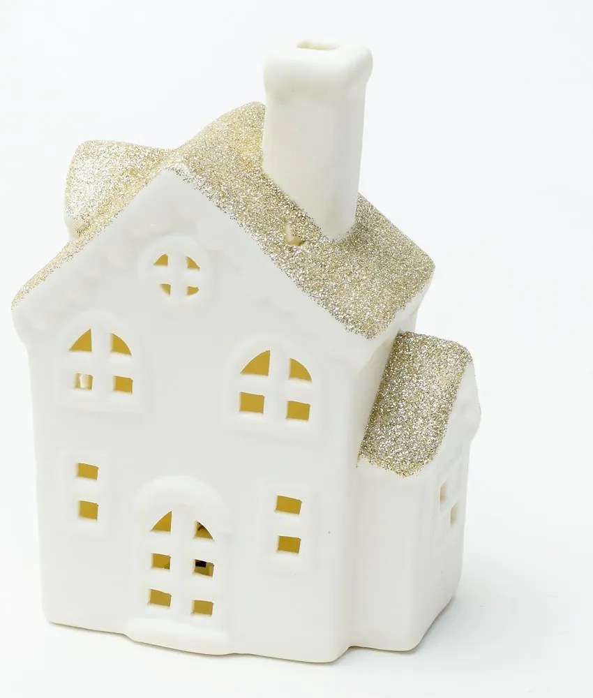 Porcelánový biely LED domček so zlatou strechou
