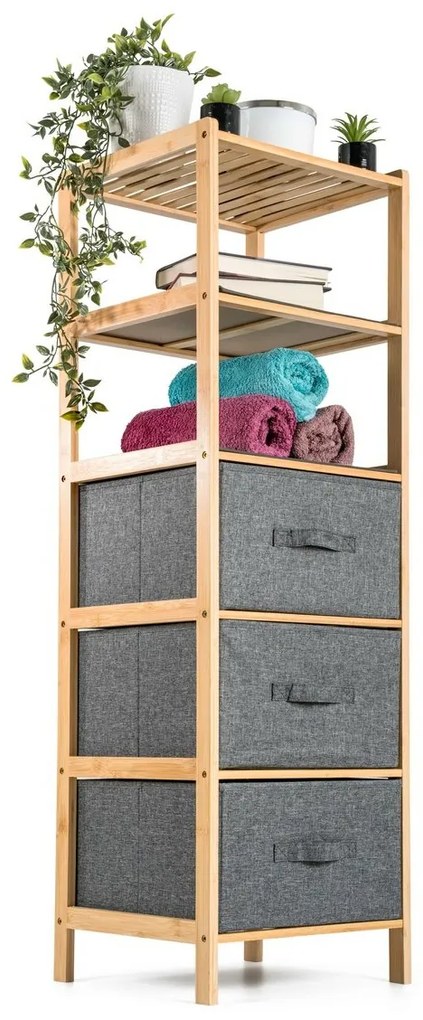 G21 Bambusový regál s košíkmi, 5 políc, sivá, 5 poschodí