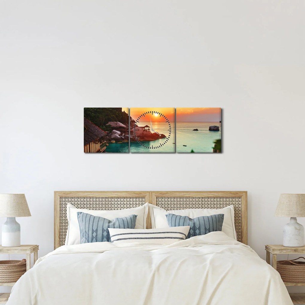 Obraz nádhernej pláže (s hodinami) (90x30 cm)