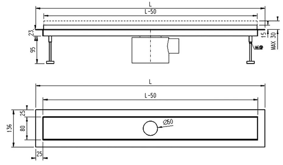 Sprchový žľab LIFT s horizontálnou prírubou, 110 cm