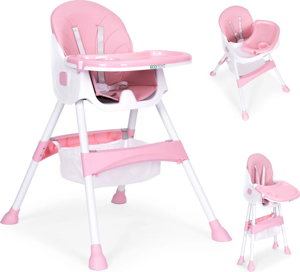 ECOTOYS jedálenské kresielko pre deti, ružové, 5-bodové