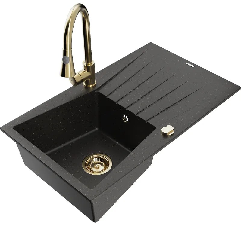 Mexen Cesar, 1-komorový granitový drez 775x470x190 mm a drezová batéria Elia, čierna-zlatá metalíza, 6514-75-670101-50