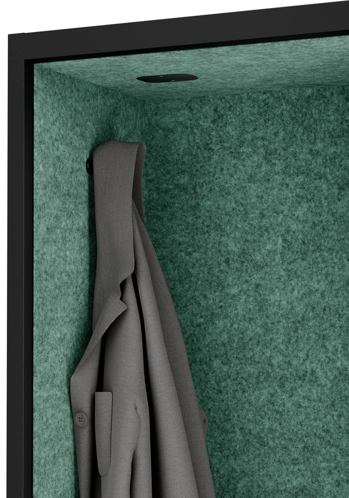 Kancelárska akustická kabína so sedadlom a portom USB-C, telo v antracitovej farbe / sedadlo v zelenej farbe, 1150 mm: SALLY MentalBox
