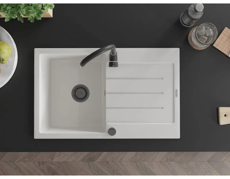 Mexen Bruno, 1-komorový granitový drez s odkvapkávačom 795x495x200 mm a čierna kuchynská batéria Telma, biela, 6513-20-670200-70
