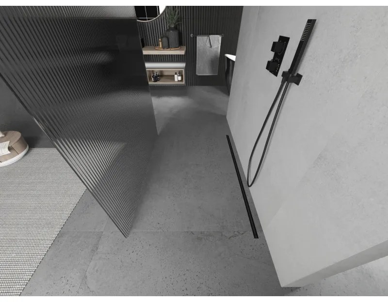 Mexen Kioto, sprchová zástena Walk-In 140 x 200 cm, 8mm sklo s rebrovým vzorom, čierny profil, 800-140-002-70-09