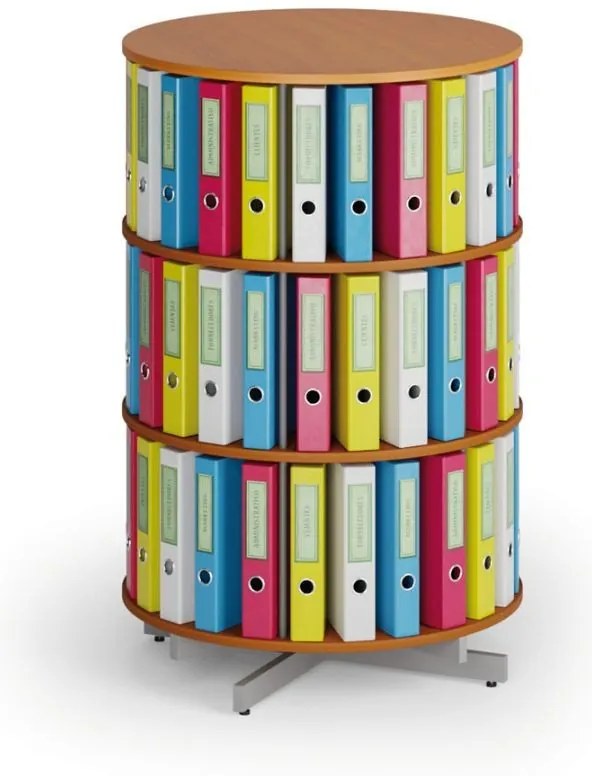 Otočný regál na zakladače, 3 poschodia, čerešňa