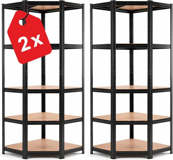 Regál 180x90x40 cm rohový lakovaný 5-polícový, nosnosť 875 kg - čierny - 2ks