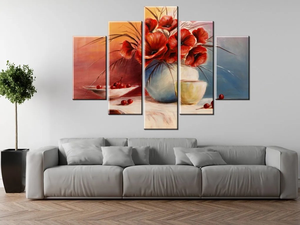 Gario Ručne maľovaný obraz Kompozícia Vlčí mak - 5 dielny Rozmery: 100 x 70 cm