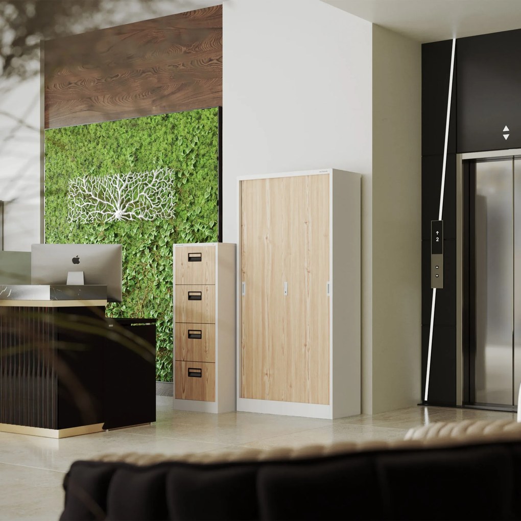 Kovová kartotéka, 4 zásuvky SARA V4, 460 x 1320 x 620 mm, Eco Design: biela/ dub sonoma