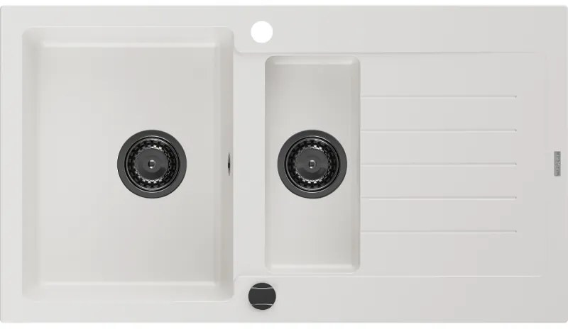 Mexen Matias - drez granitový 900x505x200 mm, 1,5-komorový, biela s čiernym sifónom, 6502901505-20-B
