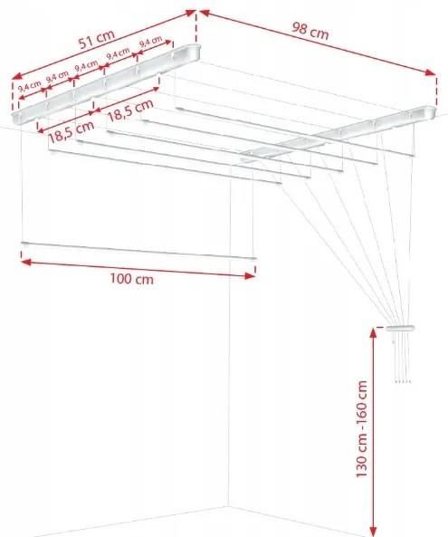 Erga Erga, stropný vešiak na sušenie bielizne 6x100 cm, biela, ERG-SEP-10SUSSUF6PP10
