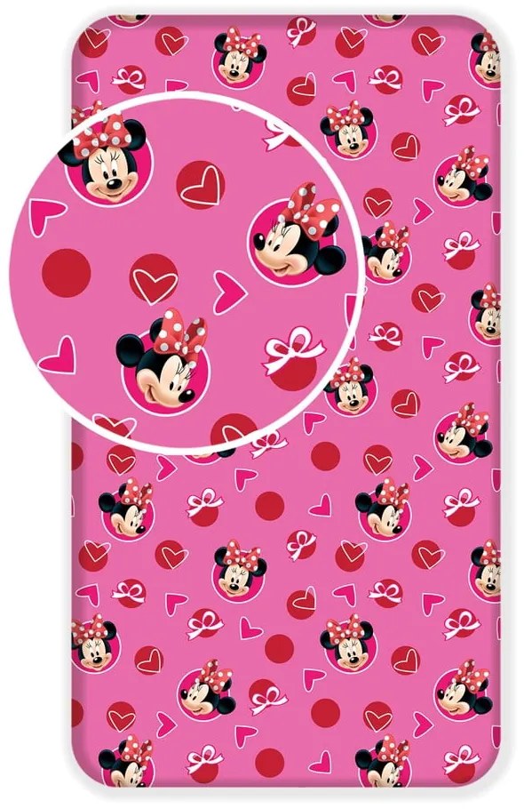 Ružová napínacia bavlnená detská plachta 90x200 cm Minnie "Hearts" – Jerry Fabrics