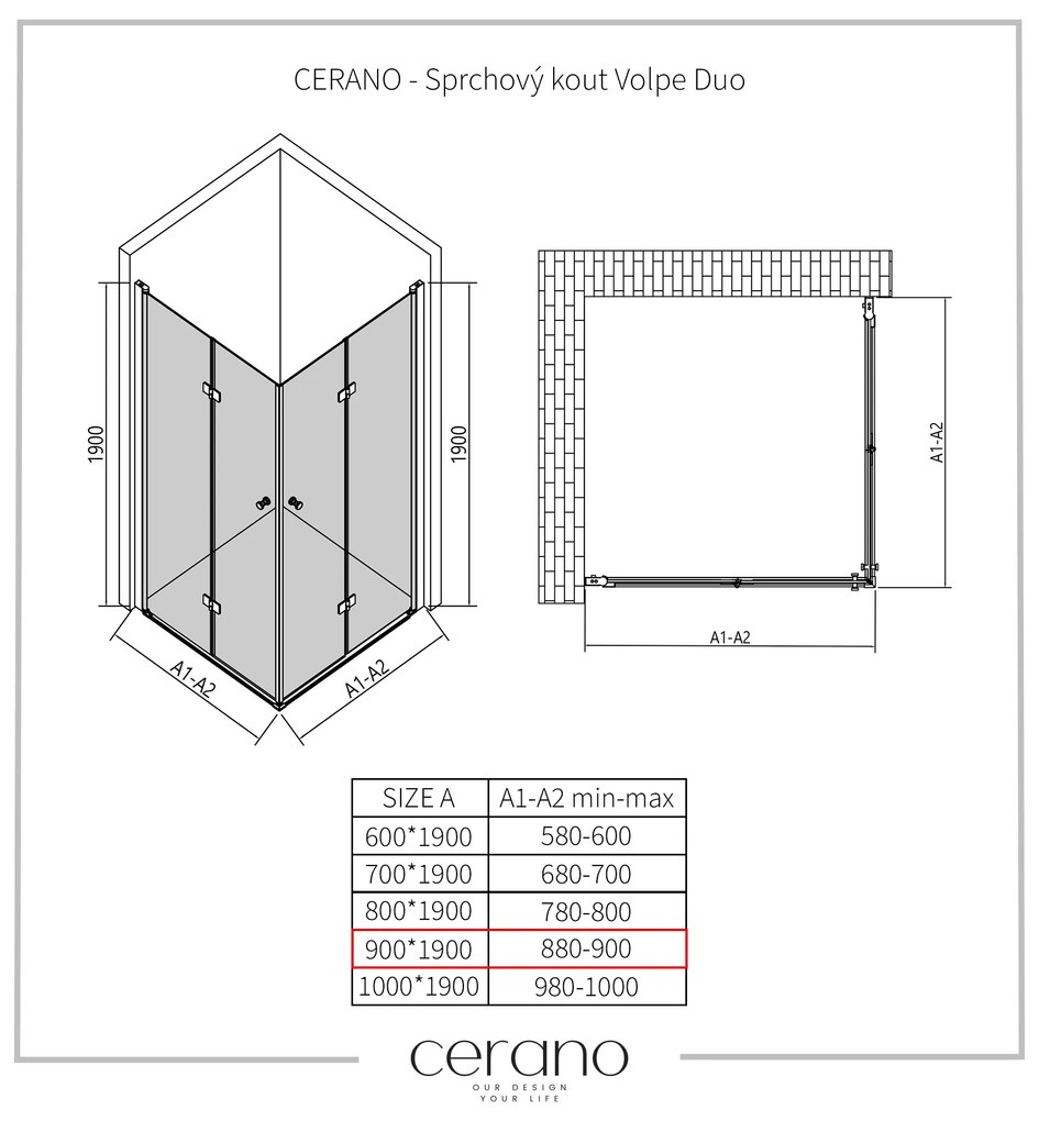 Cerano Volpe Duo, sprchovací kút so skladacími dverami 90(dvere) x 90(dvere), 6mm číre sklo, chrómový profil, CER-CER-427366