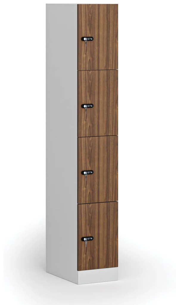 Šatníková skrinka s úložnými boxmi, 4 boxy, 1850 x 300 x 500 mm, mechanický kódový zámok, laminované dvere, orech