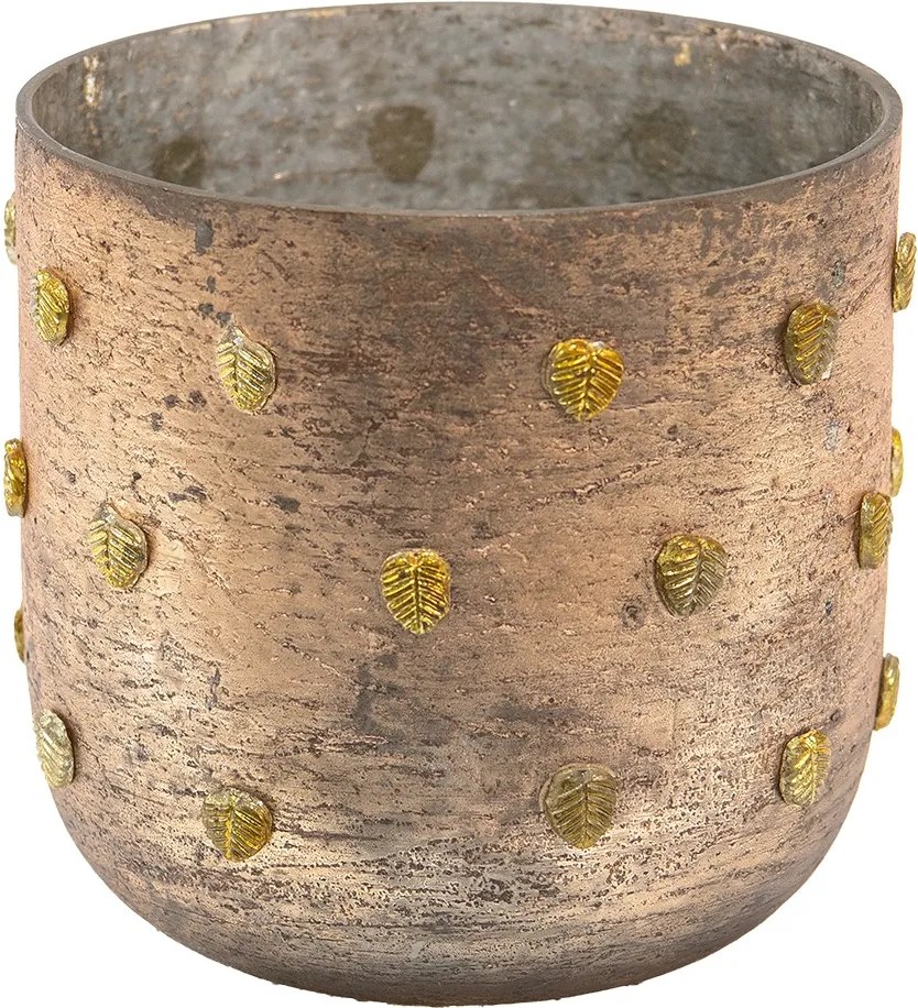 Bronzový antik sklenený svietnik so zlatými lístočkami - Ø 13*13 cm