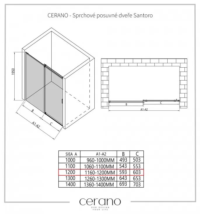 Cerano Lantono, posuvné dvere do otvoru 120x195 cm, 6mm číre sklo, čierny profil, CER-CER-429736