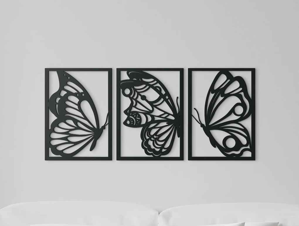 drevko 3-dielny obraz na stenu Motýle Rozmer obrazu: 28,5 x 65 cm, Farba dekorácie: Čierna
