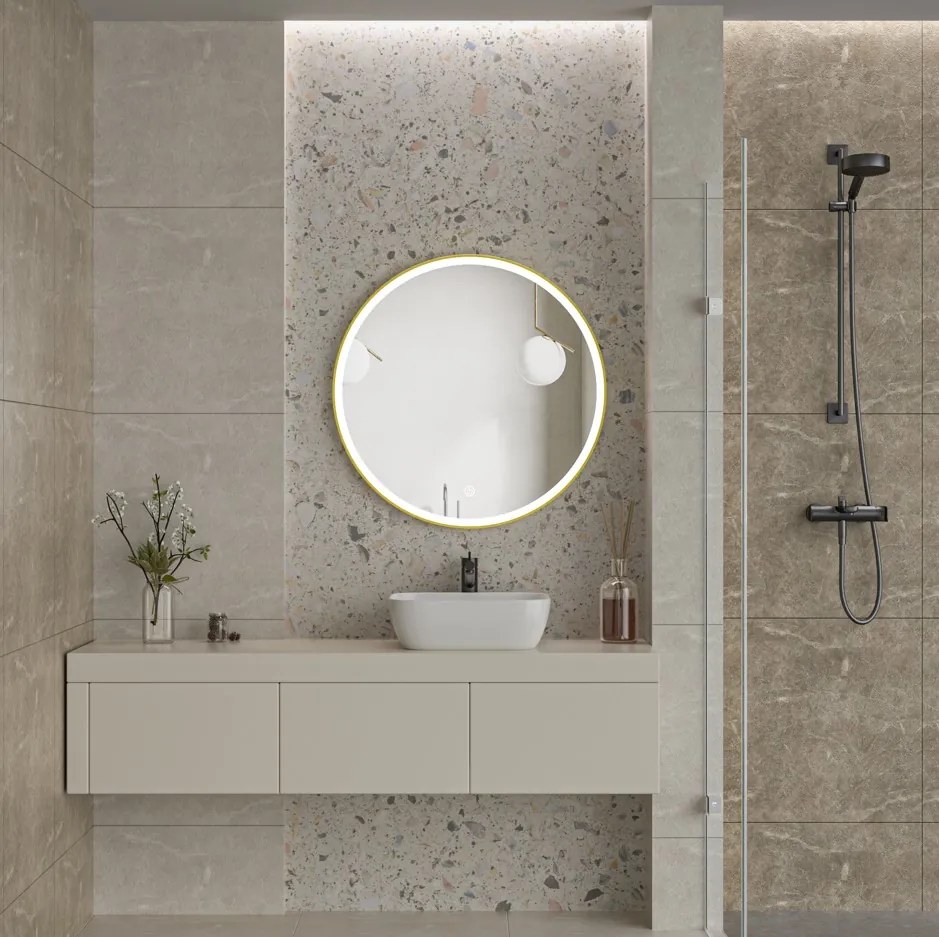 Erga Olivia, okrúhle LED zrkadlo 90cm, zlatý kovový rám, 2070 lm, 6500K, predné osvetlenie, ERG-V01-202-9090-GD