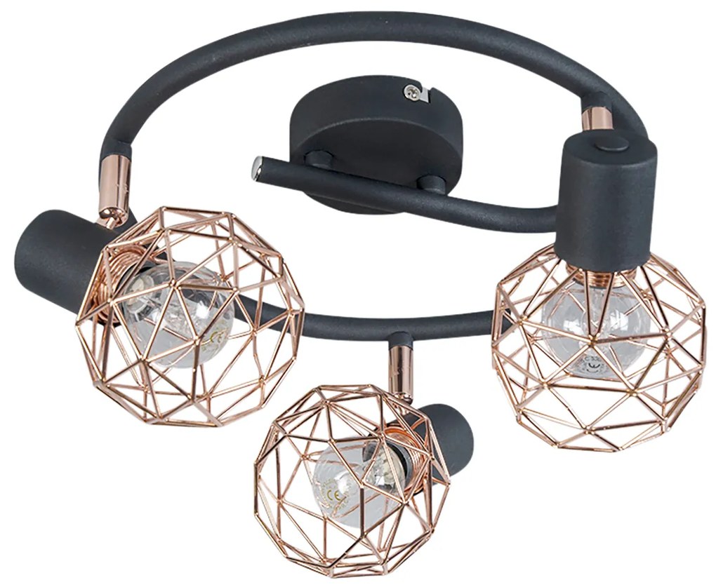 Moderné bodové svetlo čierne s meďou 3-žiarovkové - Mesh