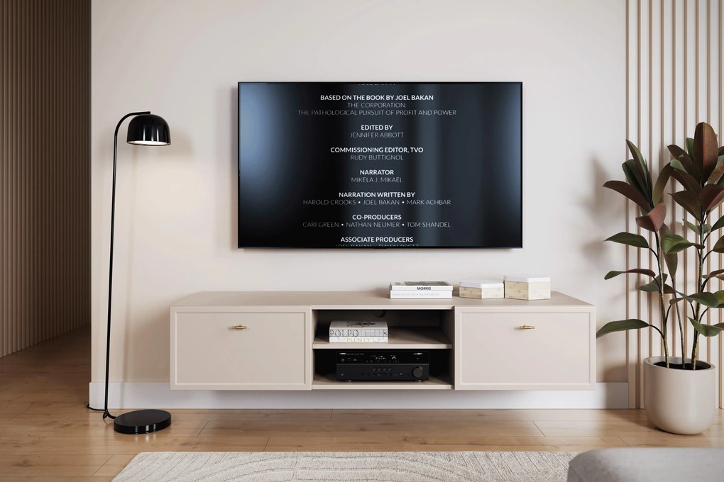 Závesný TV stolík Lorini 150 cm – kašmírová / zlaté úchytky T