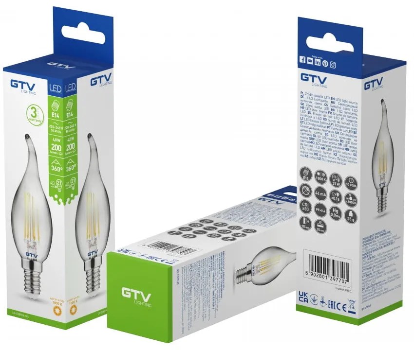 Teplá biela filamentová žiarovka E14, 4 W – GTV