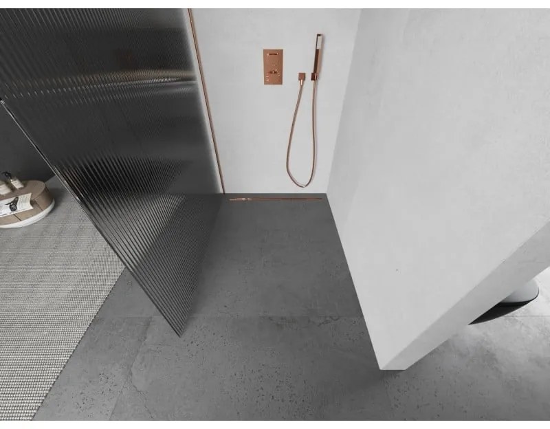 Mexen Kioto, sprchová zástena Walk-In 70 x 200 cm, 8mm sklo s rebrovým vzorom, medený matný profil, 800-070-101-65-09