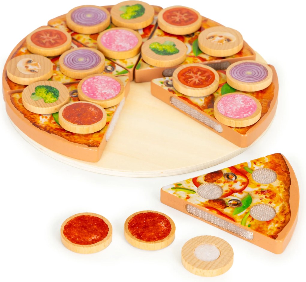 Detská drevená pizza na krájanie s suchým zipsom 27 dielov ECOTOYS hračka