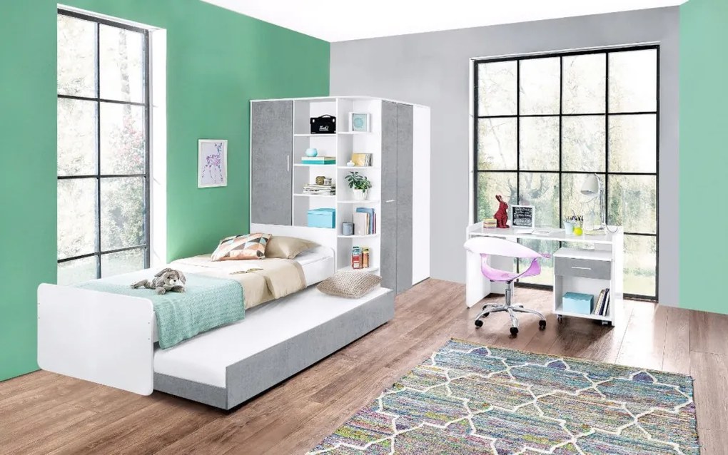 Rohová šatňa - Šatníková skriňa Joker, biela / sivý betón