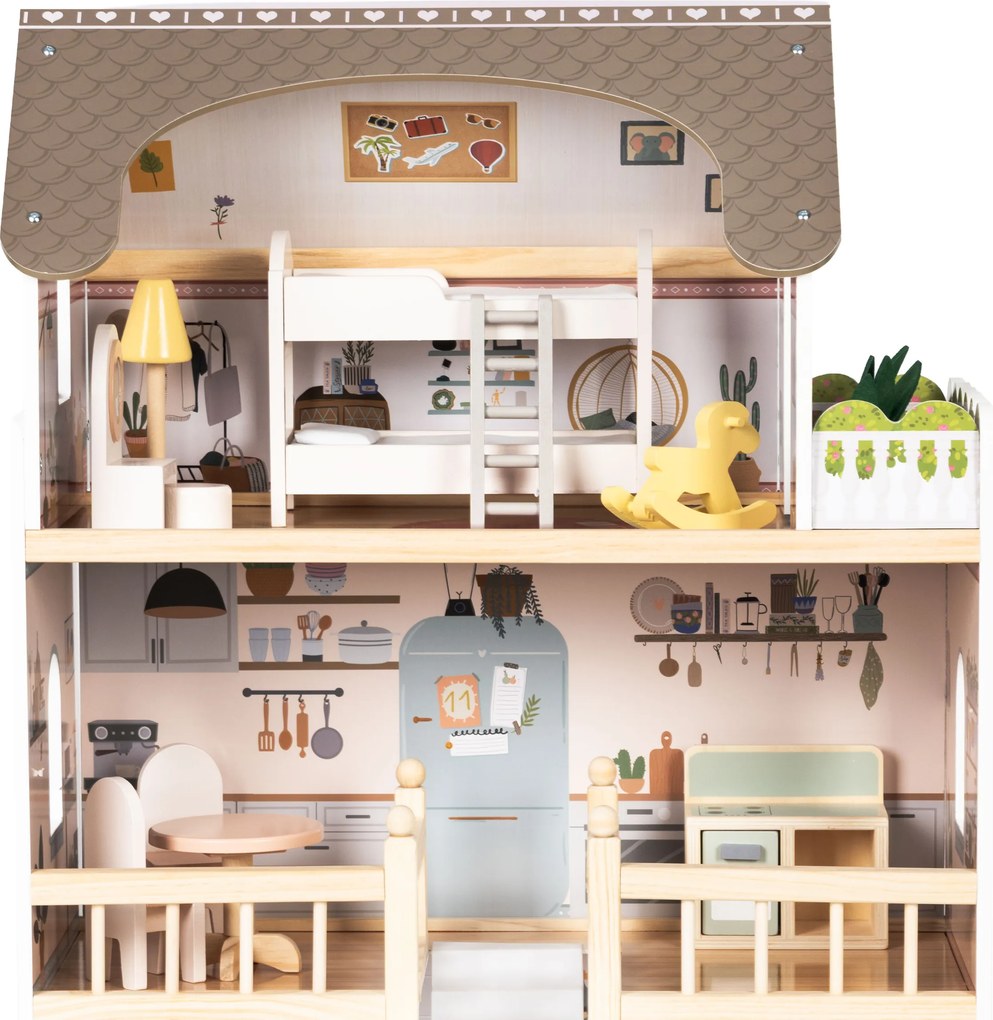 Drevený domček pre bábiky Laura, 3 poschodia, 5 izieb, 15 kusov nábytku, ECOTOYS