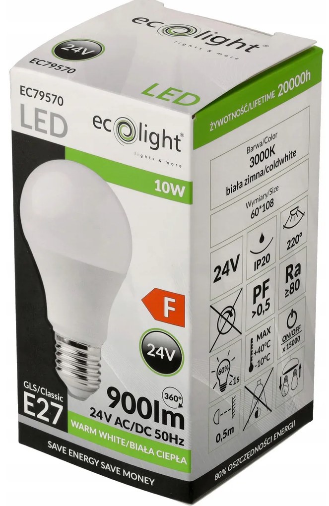 ECOLIGHT LED žiarovka E27 10W 24V - teplá biela