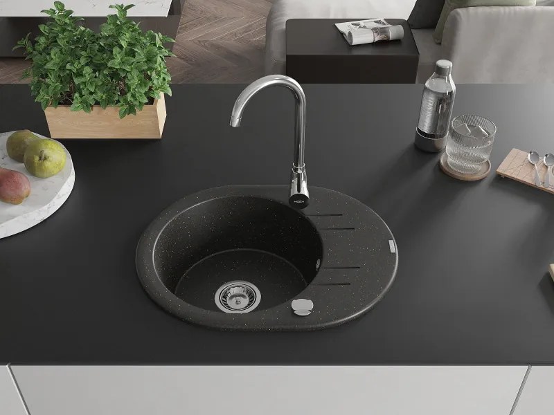 Mexen Kevin, granitový drez 586x458x190 mm, 1-komorový, čierna - zlatá metalíza, 6517581005-75