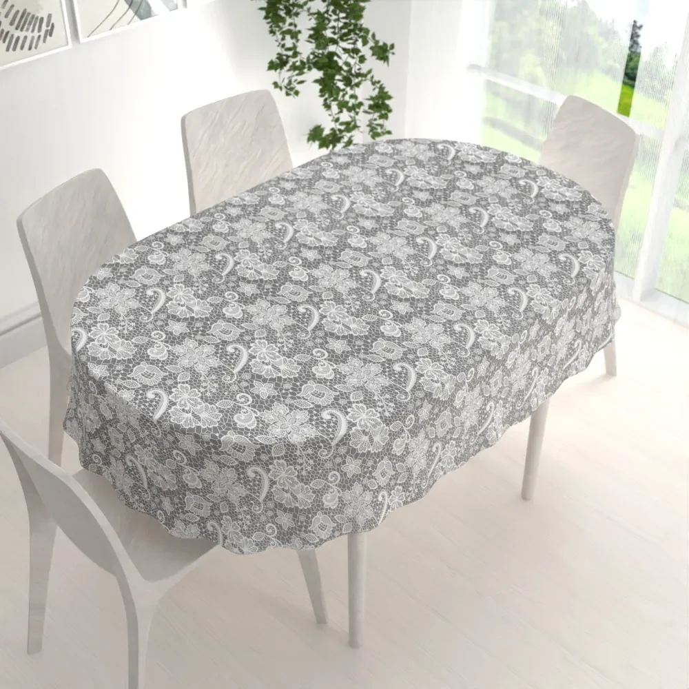 Biante Bavlnený oválny obrus Sandra SA-550 Biela krajka na sivom 120x200 cm