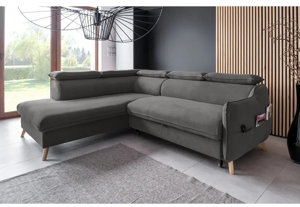 Tmavosivá zamatová rozkladacia rohová pohovka (ľavý roh) Sweet Harmony – Miuform