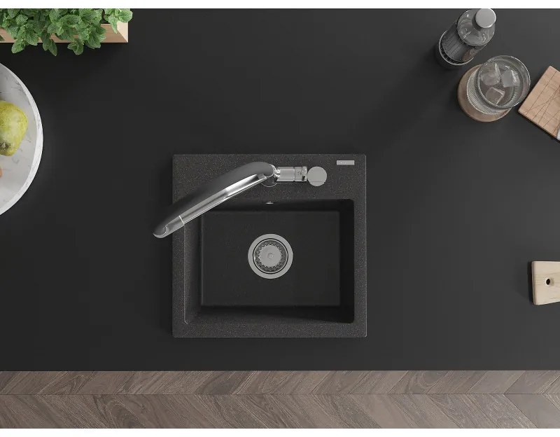 Mexen Milo, granitový drez 435x410x171 mm, 1-komorový a drezová batéria Duo, čierna škvrnitá, 6505-76-671701-07