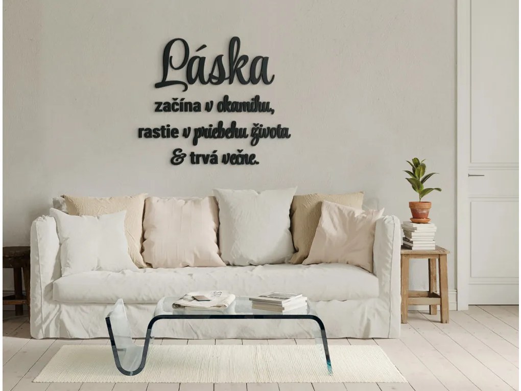 drevko Citát na stenu Láska začína v okamihu Rozmer obrazu: 51 x 60 cm, Farba dekorácie: Čierna