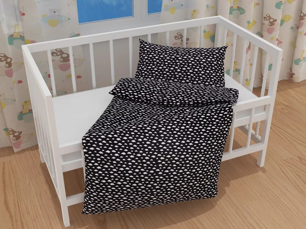 Biante Detské bavlnené posteľné obliečky do postieľky Sandra SA-306 Biele obláčiky na čiernom Do postieľky 90x140 a 40x60 cm