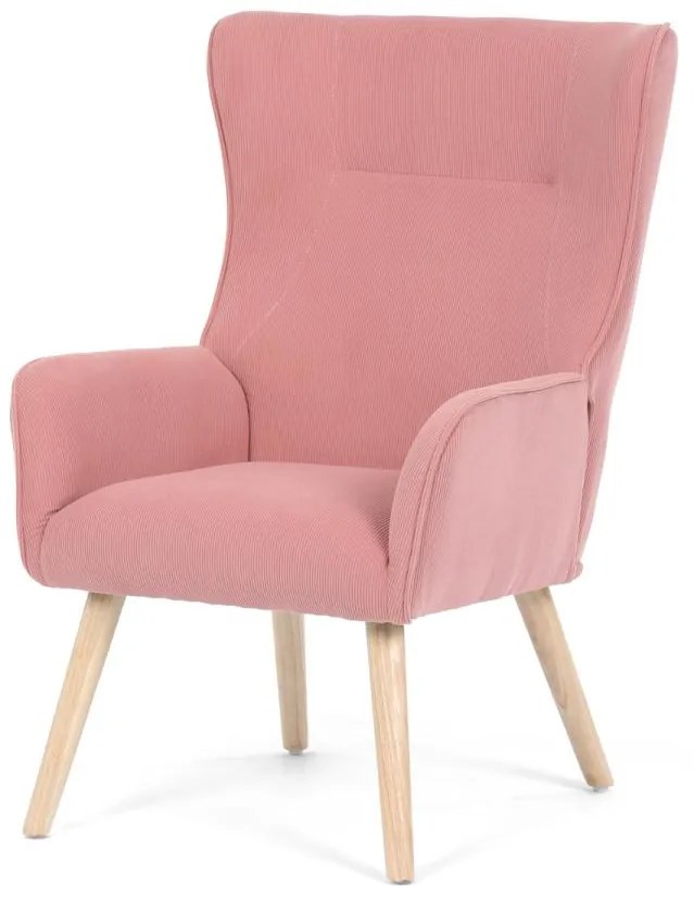 Křeslo AK-314 PINK2, potah růžová manšestrová látka, dřevěné nohy, masiv kaučukovník