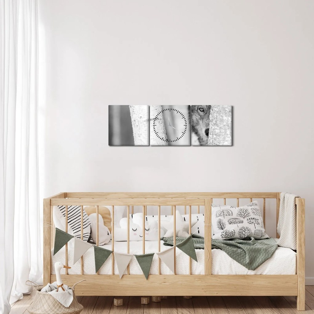 Obraz - Vlk v lese (s hodinami) (90x30 cm)