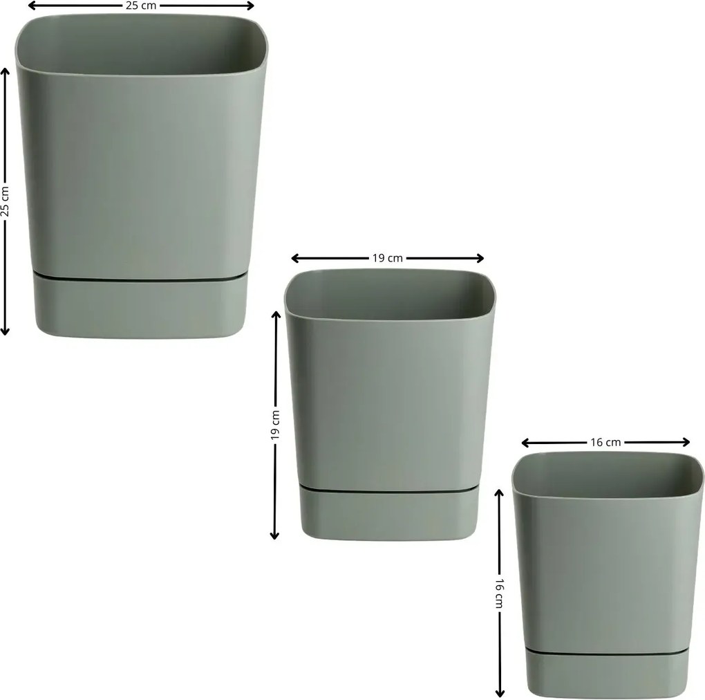 Sada 3 ks květináčů s podmiskou Cubi šedo-zelená
