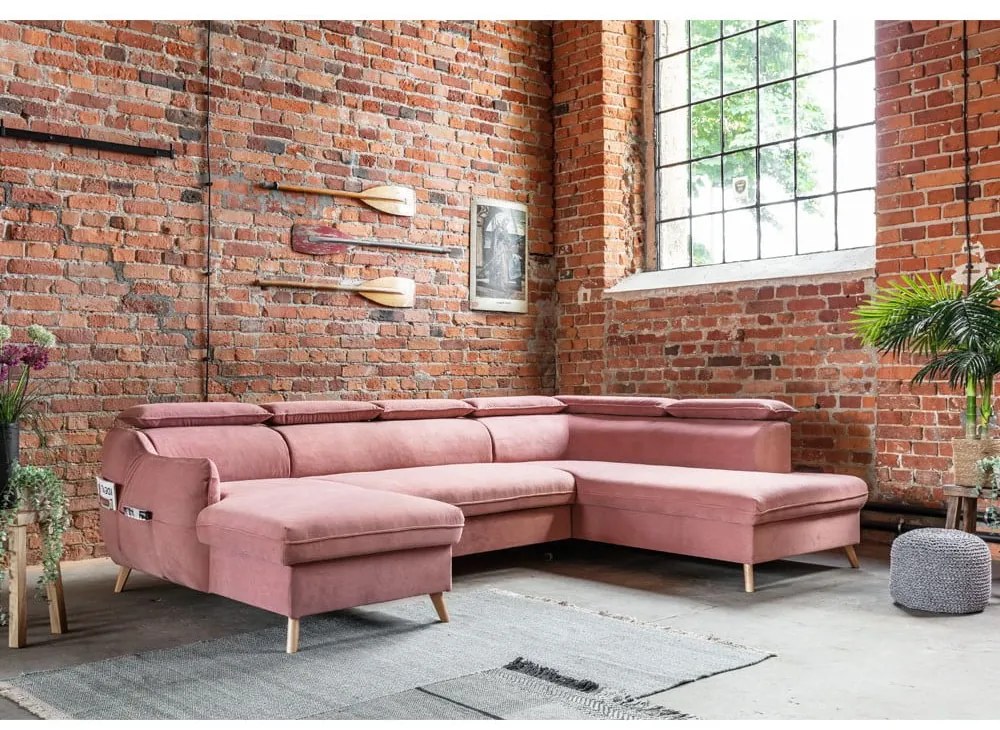 Svetloružová zamatová rozkladacia rohová pohovka do "U" (pravý roh) Sweet Harmony – Miuform