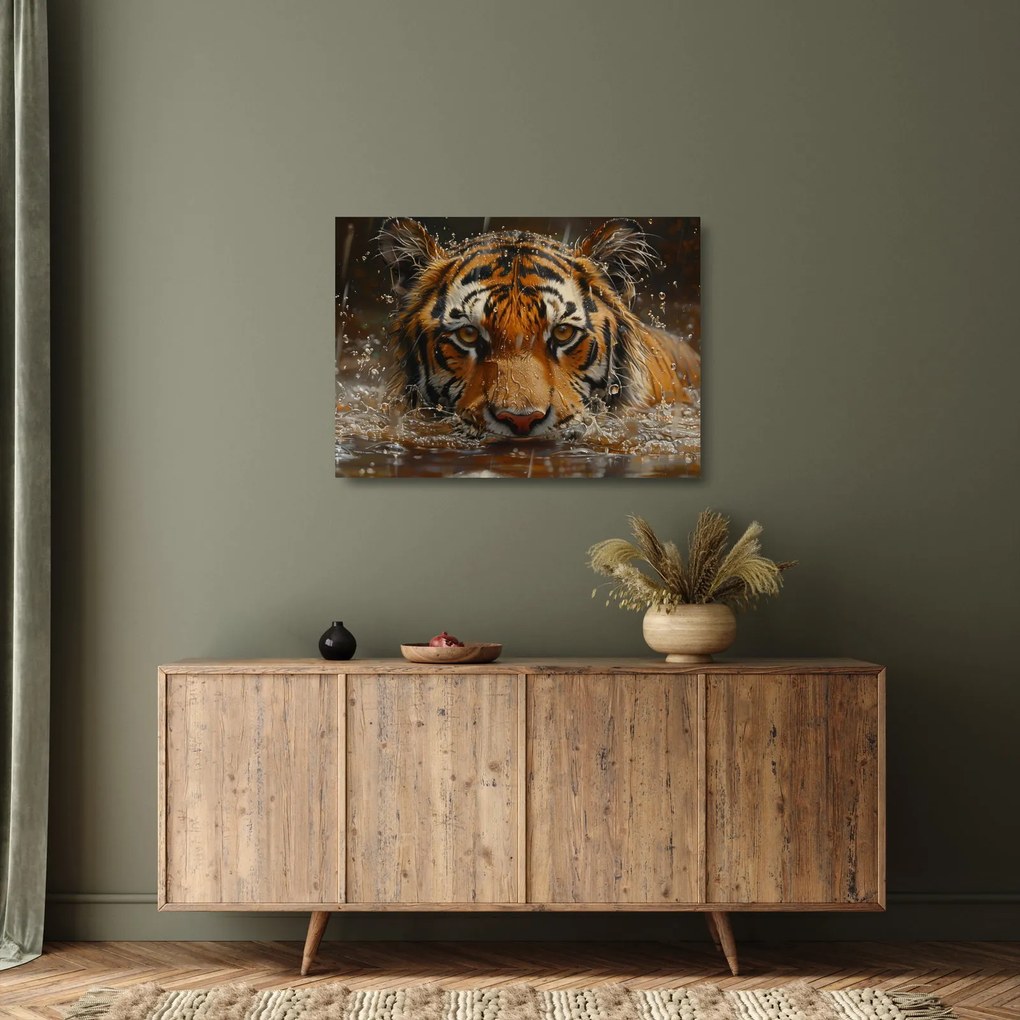 Sklenený obraz - Portrét tigra vo vode (70x50 cm)