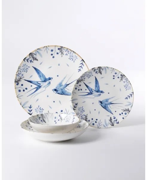 Jedálenská sada 24 ks, biela/modrá, porcelán