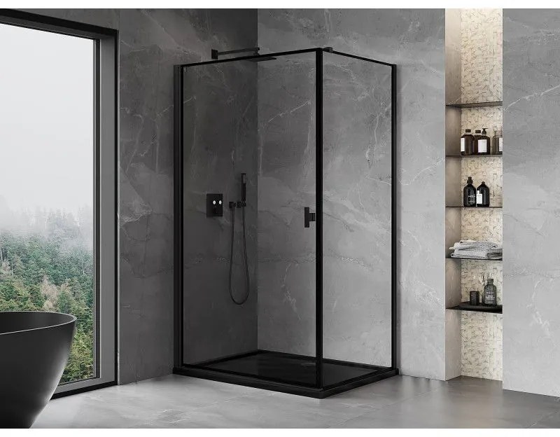 Mexen Mist-B, 1-krídlový výklopný sprchový kút, ľavý, 90 x 85 cm, číre sklo-čierny rám, 8A2T-090-085-70-70-L