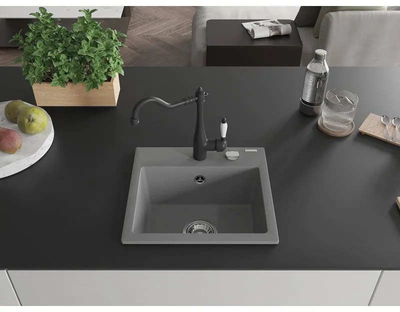 Mexen Milo, granitový drez 435x410x171 mm, 1-komorový a drezová batéria Carla, šedá, 6505-71-670700-70