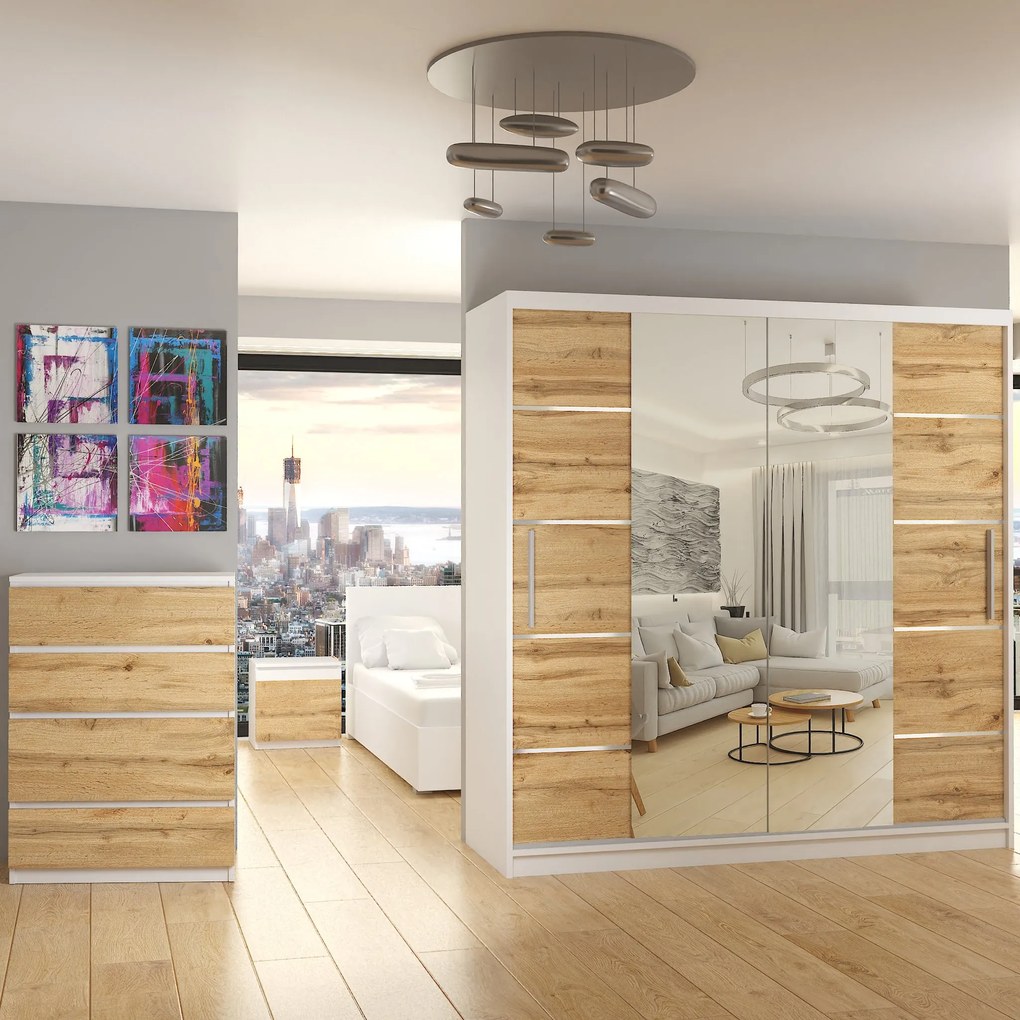 Šatníková skriňa 200 cm Belini biely mat / dub wotan s posuvnými dverami zrkadlom a zásuvkami  ME SZP5/1/W/DW/0/KLAL