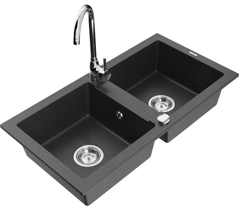 Mexen Mario, 2-komorový granitový drez 82x44 cm s kuchynskou batériou Telma, čierna-škvrnitá, 6504-76-670200-00