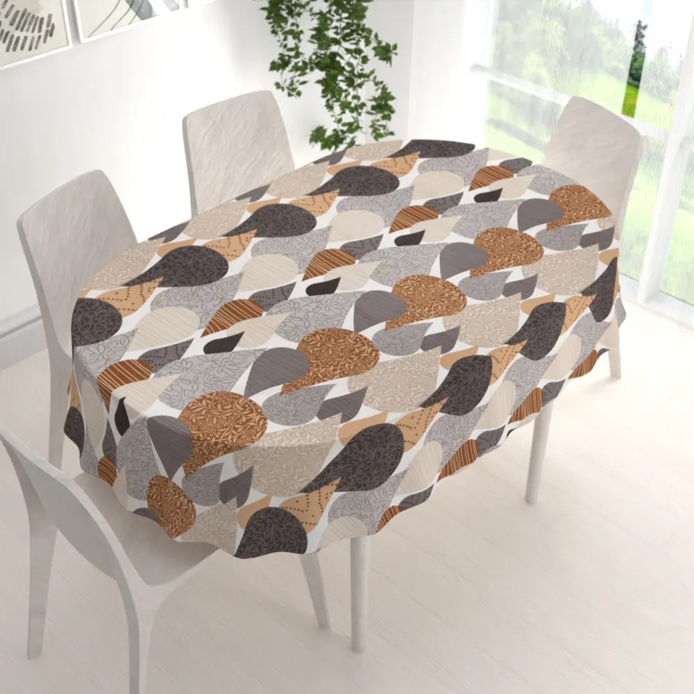 Biante Bavlnený oválny obrus Sandra SA-507 Hnedo-sivé kvapky s ornamentami 140x180 cm