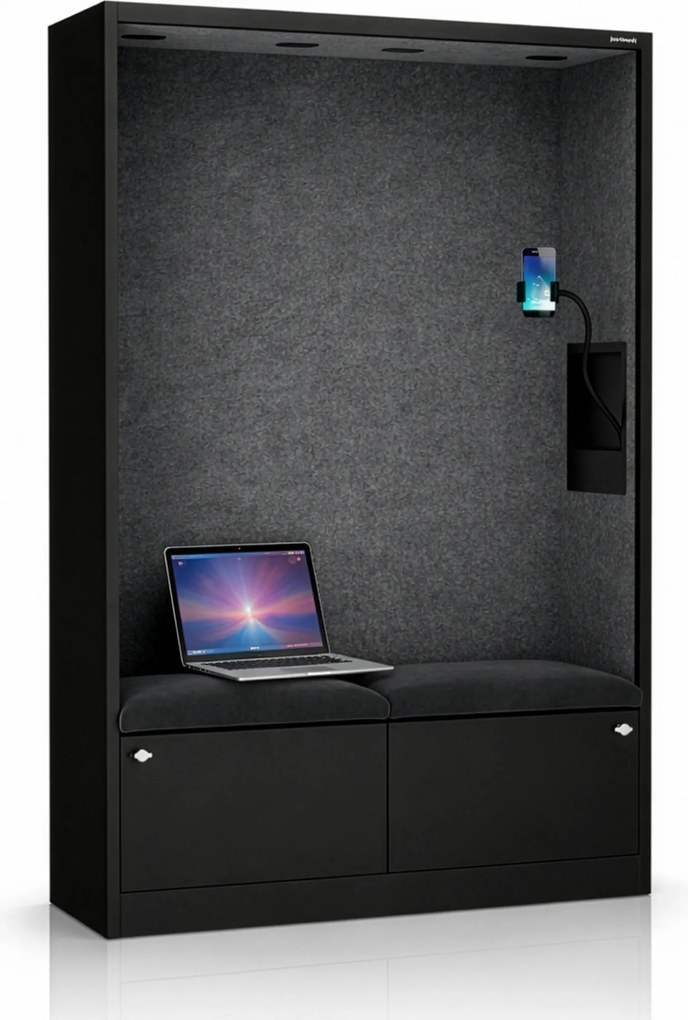 Kancelárska akustická kabína so sedadlom a portom USB-C, telo v čierny / sedák tmavosivá v zelenej farbe, 1150 mm: SALLY MentalBox