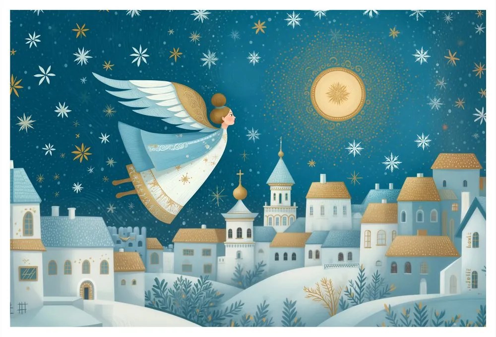 Vianočný obraz anjel nad zimnou dedinou
