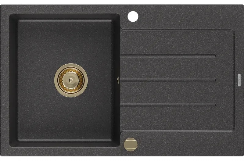 Mexen Bruno, granitový drez 795x495x200 mm, 1-komorový, čierna škvrnitá so zlatým sifónom, 6513791010-76-G